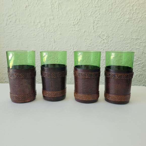 Green Glass Embossed Leather Wrapped Wine/spirits 4 1/2” Glasses Set Of 4. - Picture 1 of 14